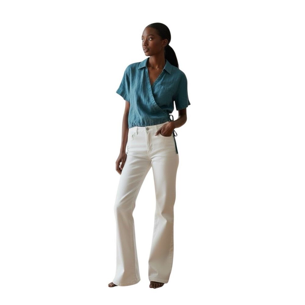 NWT Athleta ‘Playa’ Wrap Tie Waist Short Sleeve Linen Top in Teal Size M
